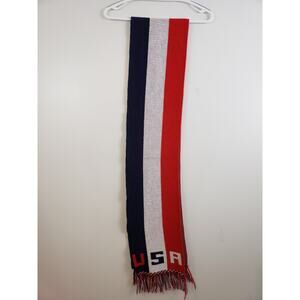 (N5) VTG Knitmakers USA Knit Scarf 80" Red, White & Blue Stripe Fringe Patriotic